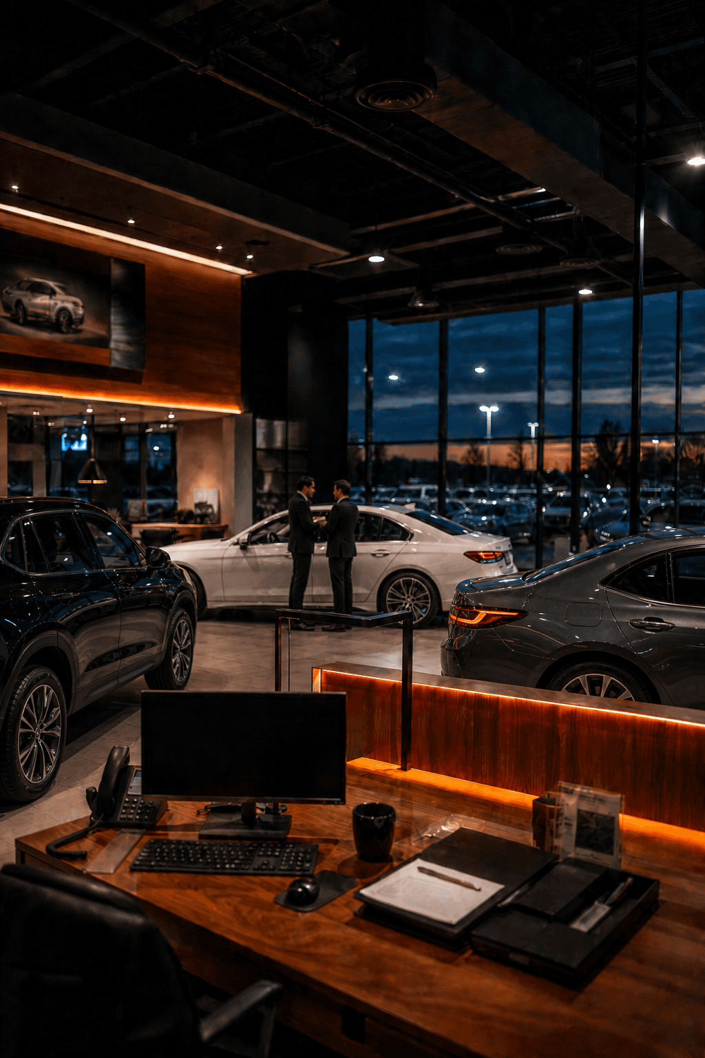 Sales desk overlooking a dealership showroom at dusk
