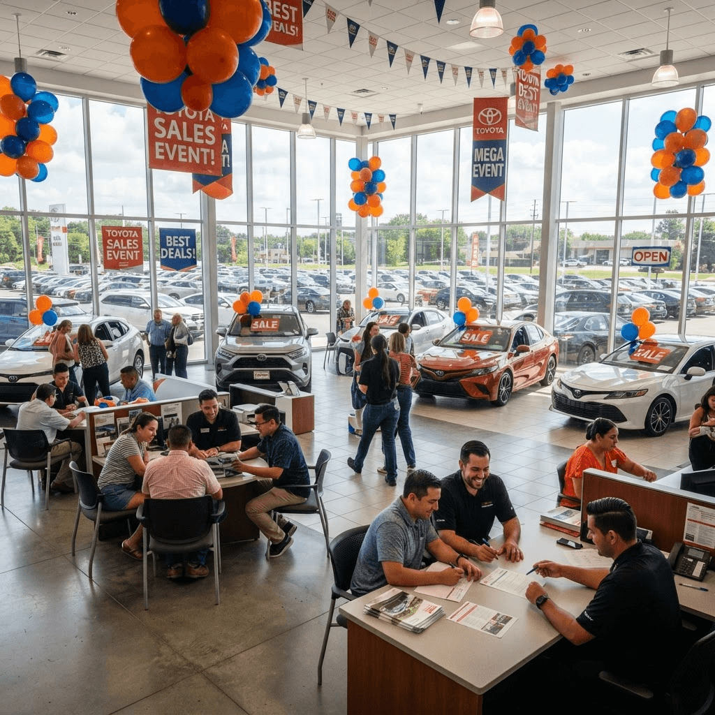 In-house dealership sales event with balloons and customers