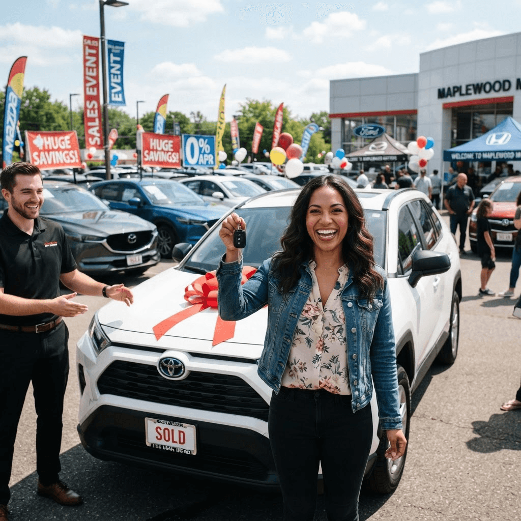 Happy customer with new vehicle at sales event
