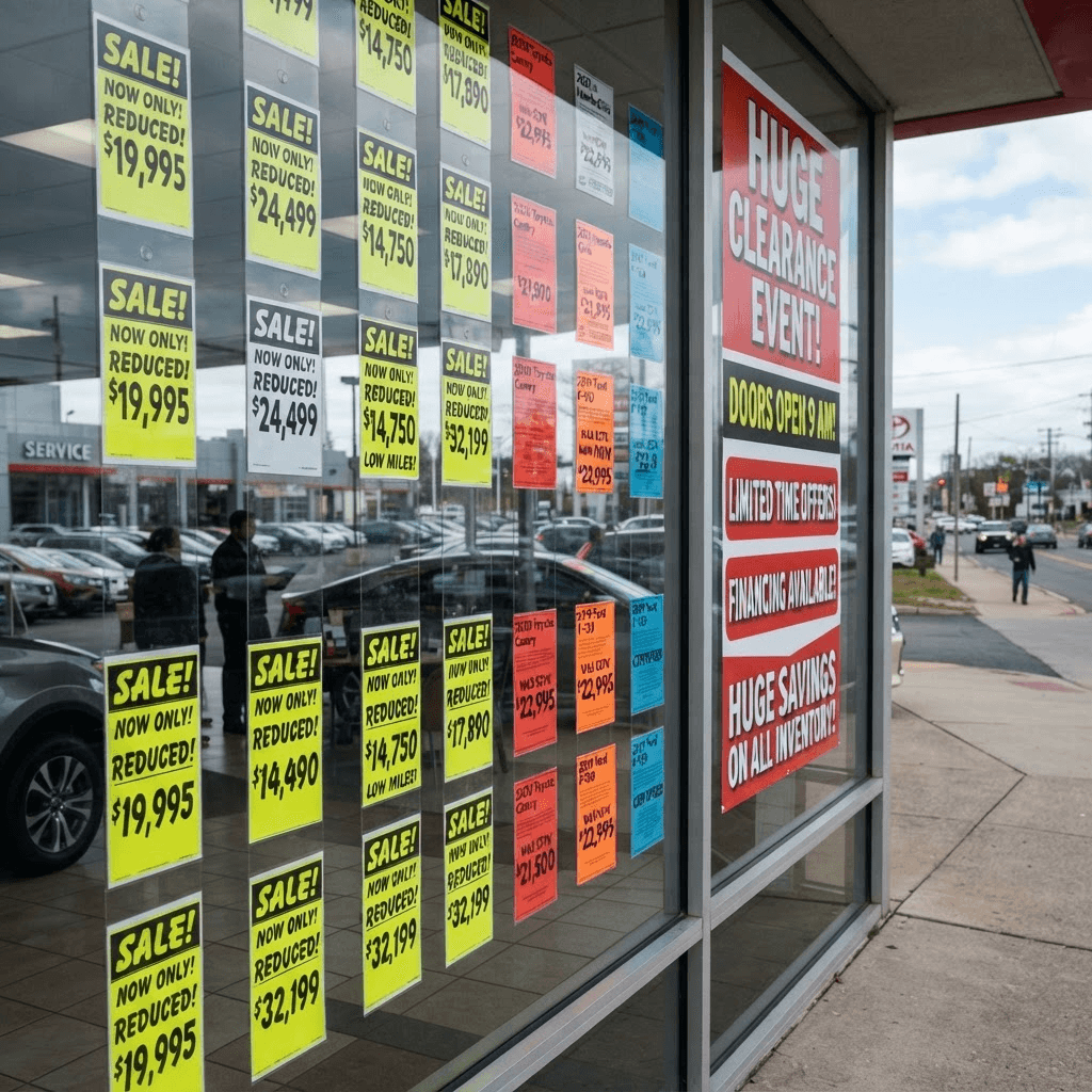 Bright SALE tags on dealership windows