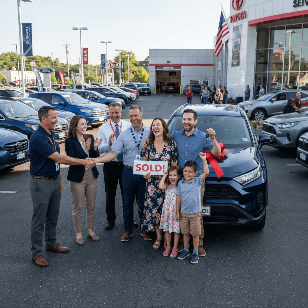 Staff celebrating with family at dealership event