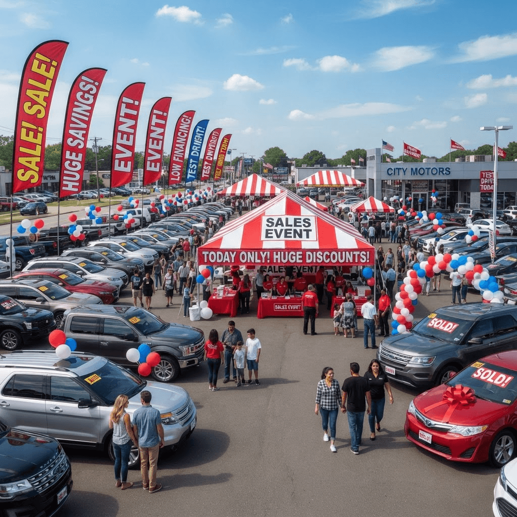 Outdoor dealership event with sale tent and flags