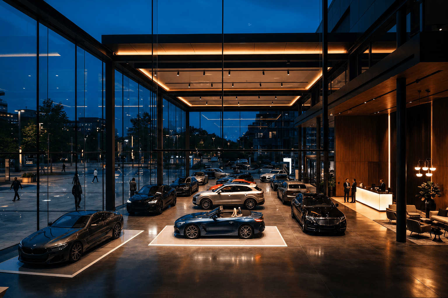 Automotive dealership showroom at night
